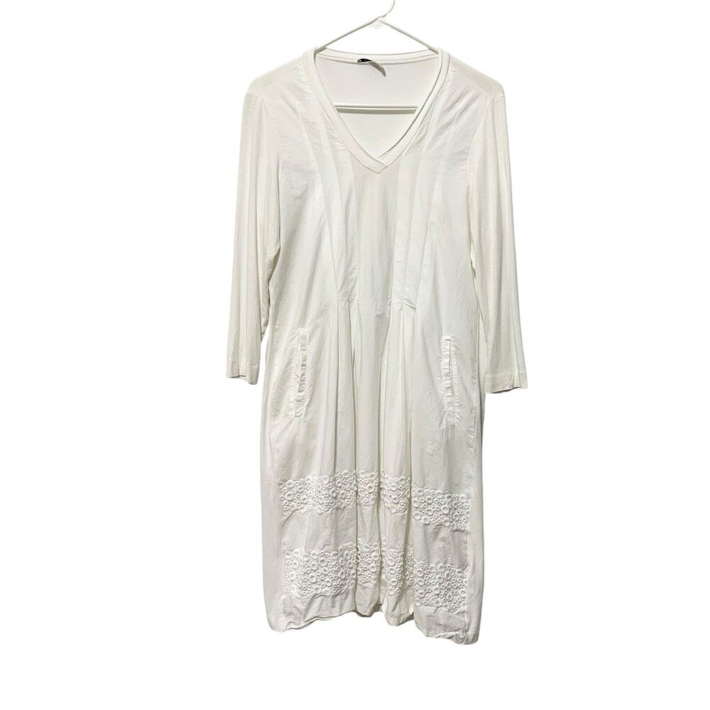 Whyci Womens Size 44 White Pleated V-Neck 3/4 Sleeve Dress Knee Length